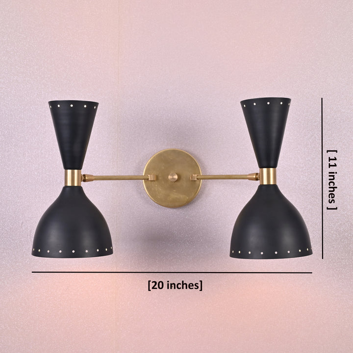 Dimensions view of double black cone wall sconce, 20-inch width and 11-inch height