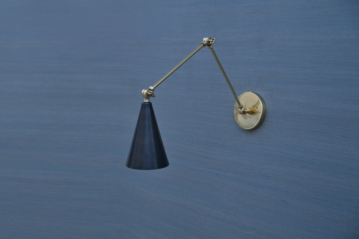 Contemporary blue cone brass wall sconce with extendable swing arm