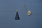 Contemporary blue cone brass wall sconce with extendable swing arm