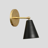 Brass wall-mounted sconce with black cone shade, modern industrial handmade wall light by Brass Leaf Studio.