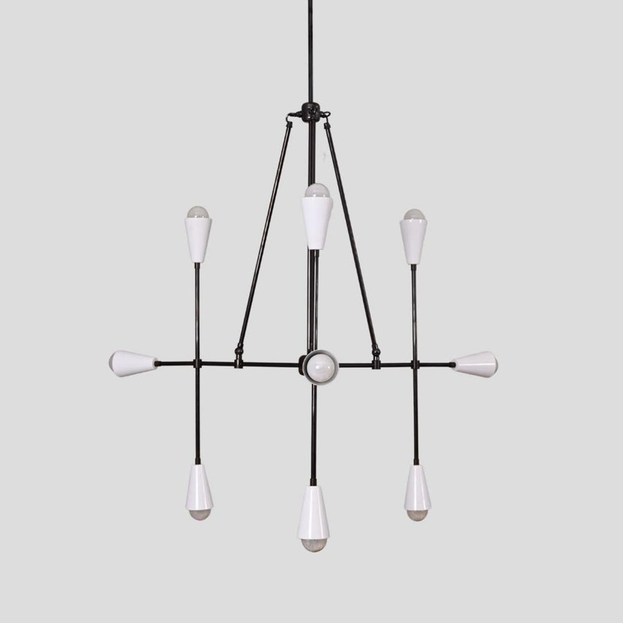 Modern industrial brass chandelier with 8 cone-shaped shades, minimalist pendant light for living room, dining area, or entryway.