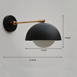 Dimensional view of black dome wall light with 8-inch shade, 14-inch projection, and brass mounting arm.