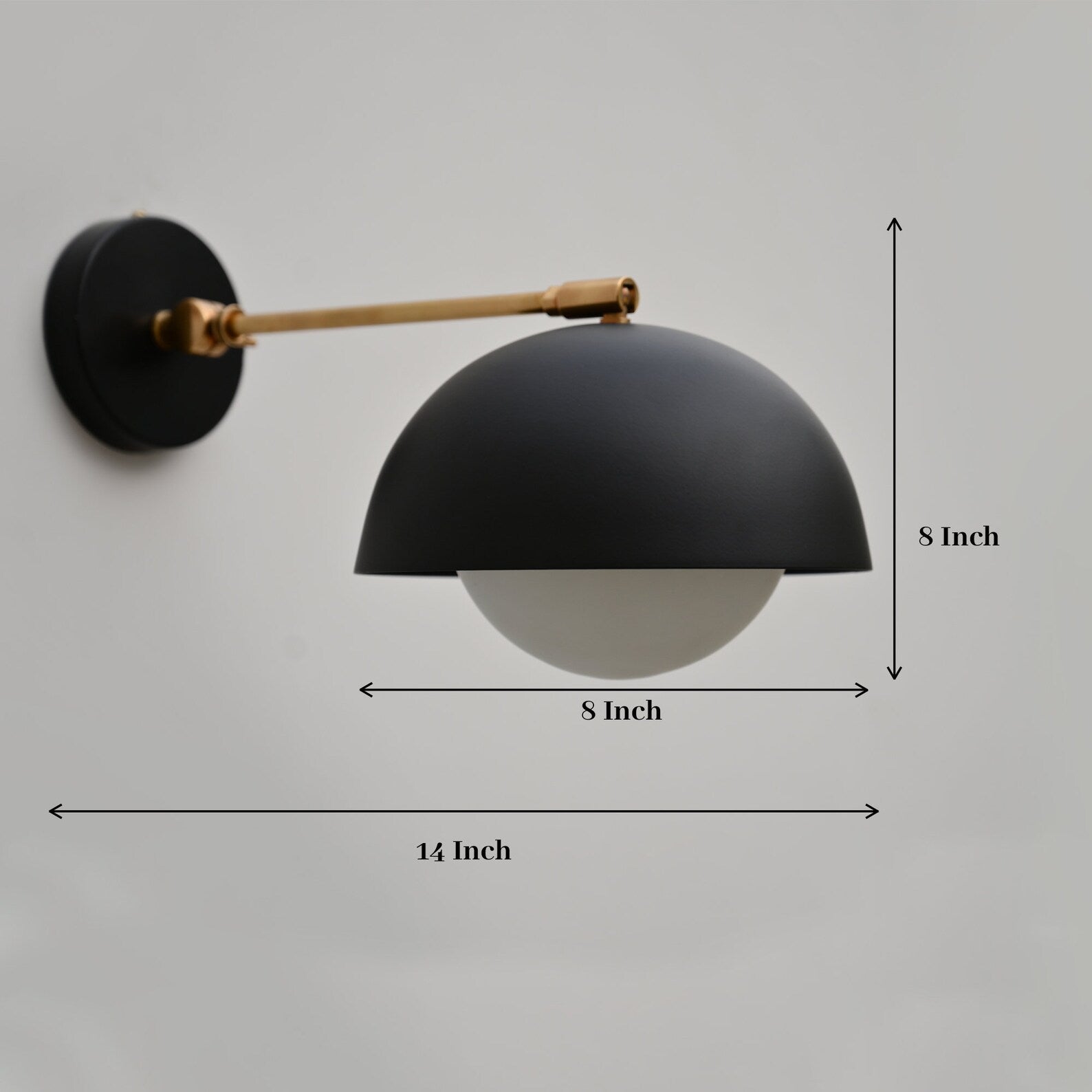 Size guide for Black Dome Wall Light with Brass Arm – Modern Industrial Sconce by Brass Leaf Studio 62528
