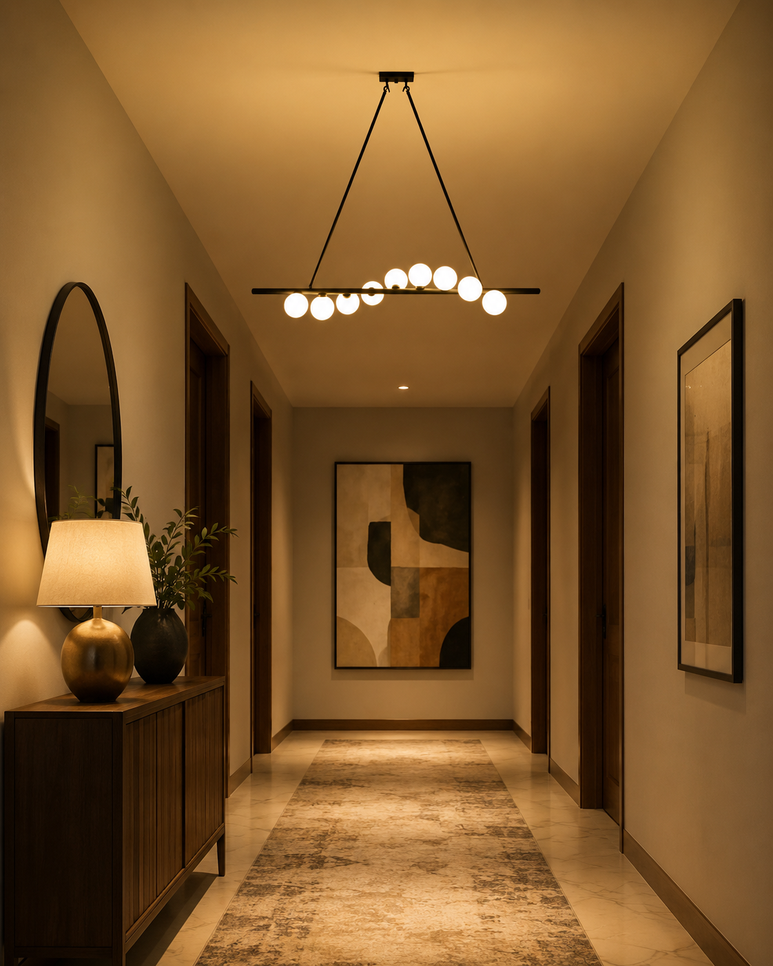 Closeup of black linear chandelier with opal glass globes, angled suspension rods, and rectangular ceiling canopy