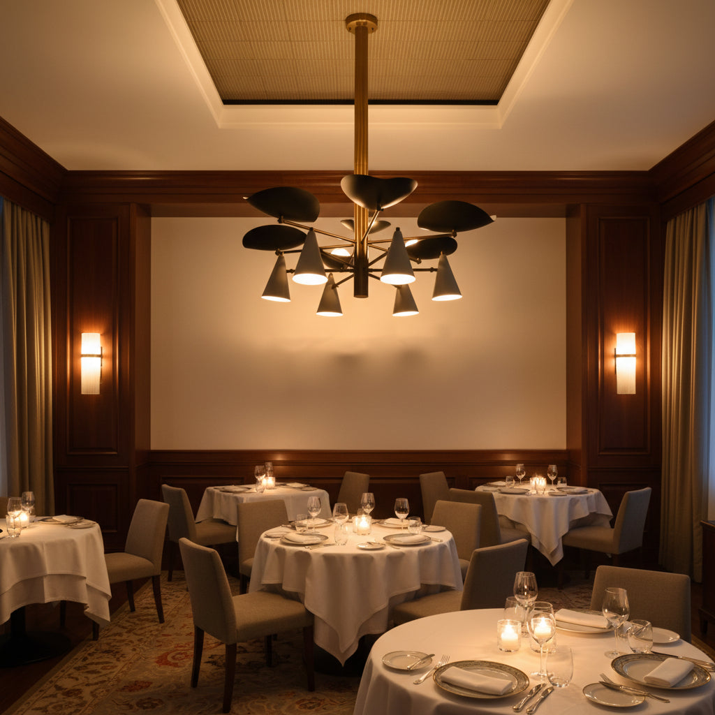 Black and white enamel brass chandelier shown lit with warm glow, curved accent shades, and downward cone lighting