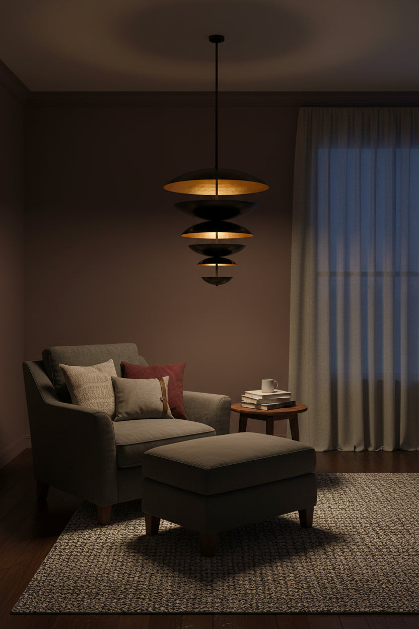 Blackened brass chandelier with brushed brass interiors illuminated to create a warm golden layered lighting effect