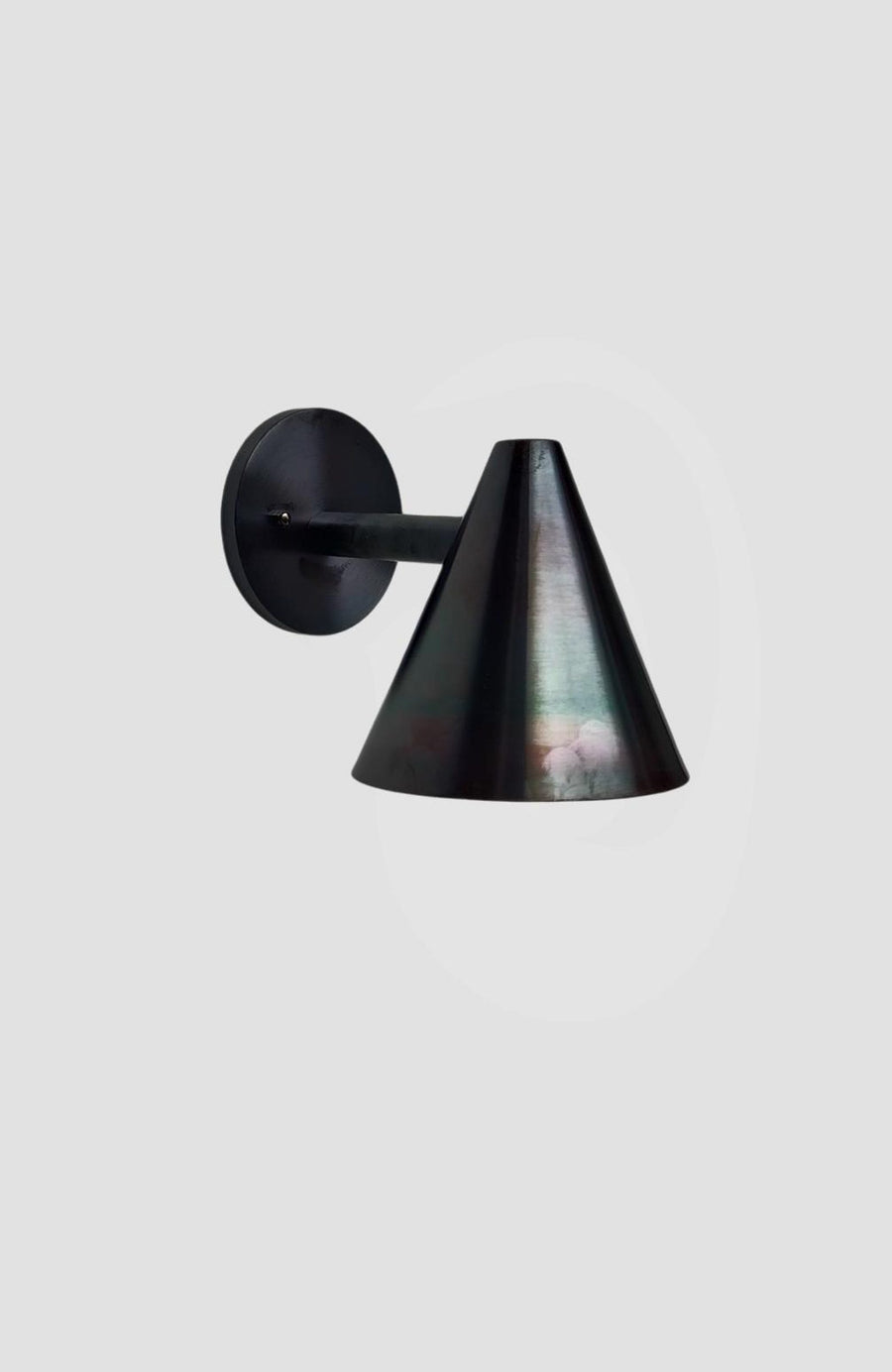 Modern blackened brass cone wall light handcrafted by Brass Leaf Studio, featuring minimalist cone design and matte antique finish.
