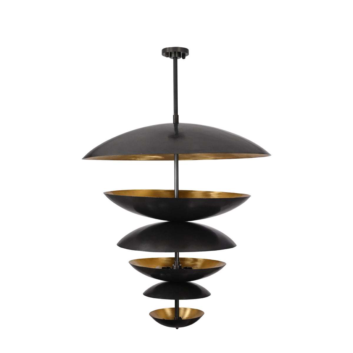 Six tier brass disc chandelier dimension view showing 60 inch height and 42 inch diameter for size reference