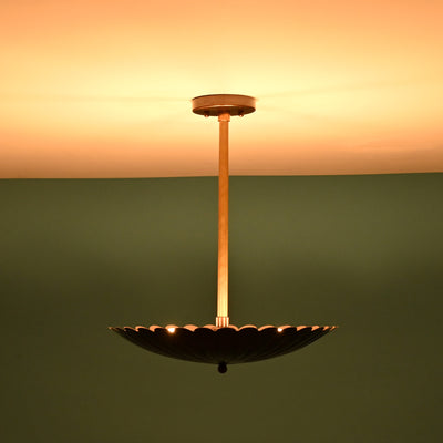 Sculptural floral pendant light casting a warm glow on the ceiling with raw brass rod and blackened brass shade.