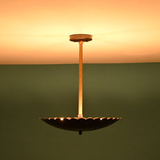 Sculptural floral pendant light casting a warm glow on the ceiling with raw brass rod and blackened brass shade.