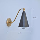 Blackened brass wall light with detailed measurements — 9-inch height, 5-inch diameter, 11-inch depth — ideal for home or commercial use.