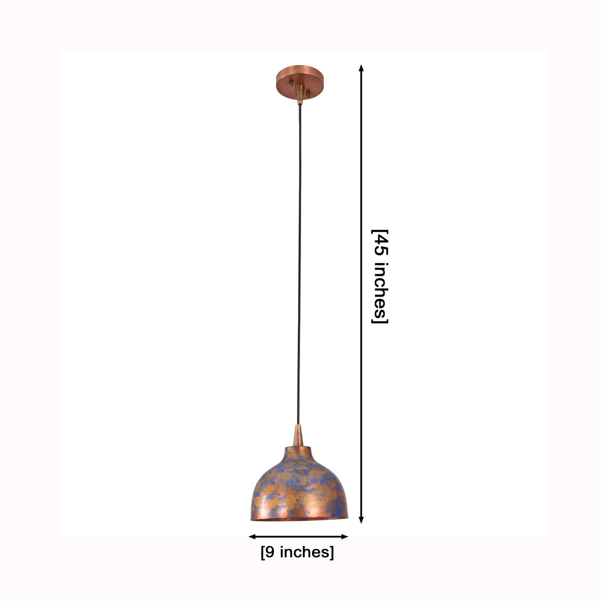 Blue copper dome pendant lamp installed above a dining table with warm downward glow and rustic modern style
