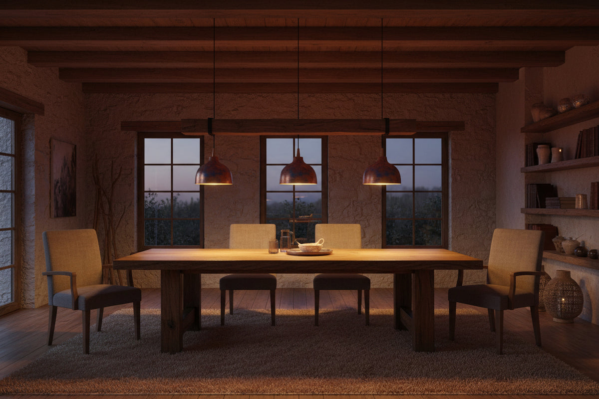 Blue copper pendant light hanging in a dining room with exposed copper detail and warm focused illumination