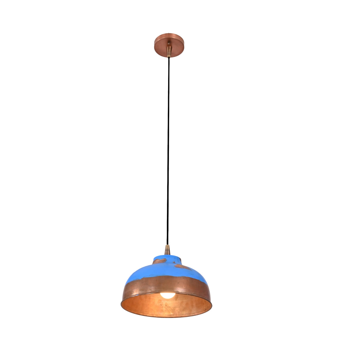 Blue and copper dome pendant light turned on, creating a warm glow from the shade opening