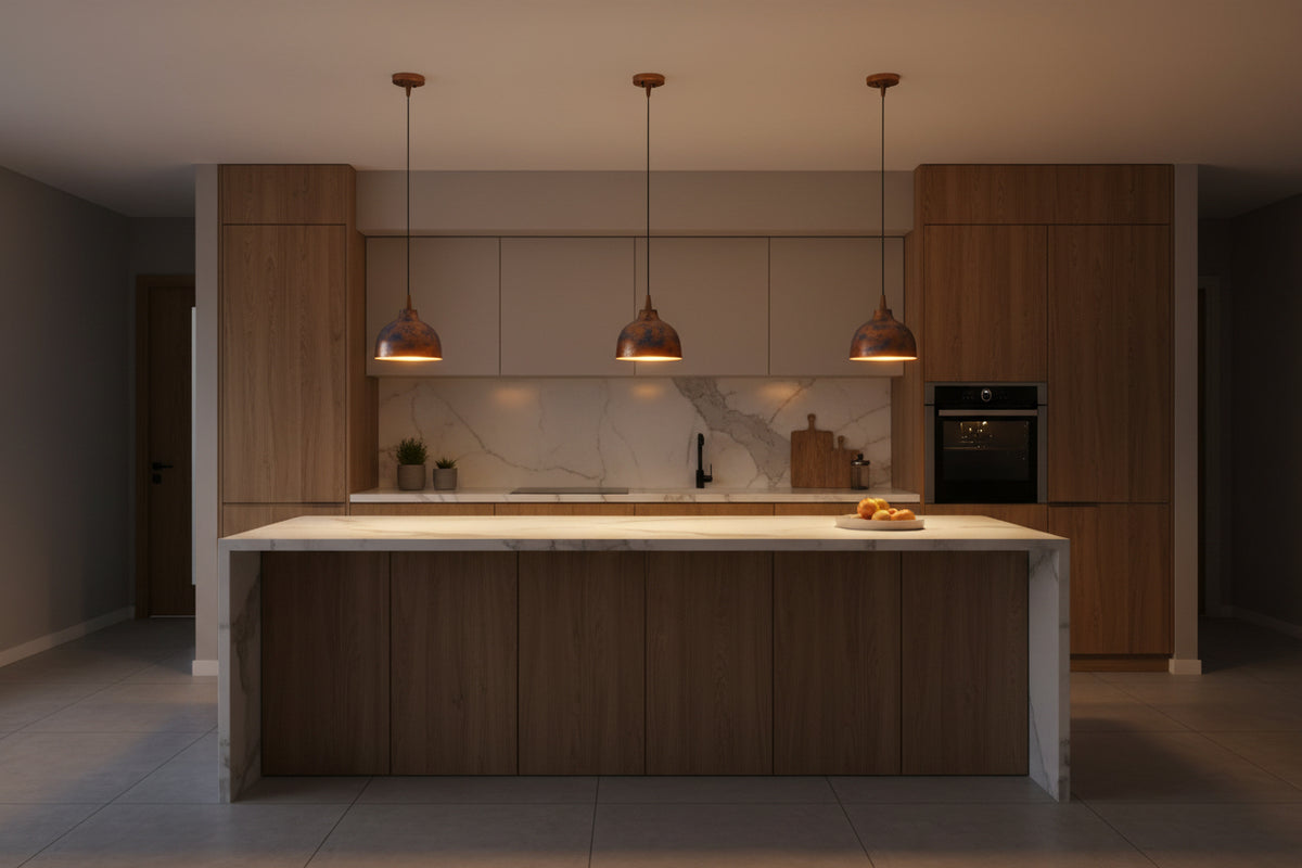 Blue copper pendant lamp dimension image showing 45 inch overall height and 9 inch shade width for product size reference
