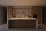 Blue copper pendant lamp dimension image showing 45 inch overall height and 9 inch shade width for product size reference