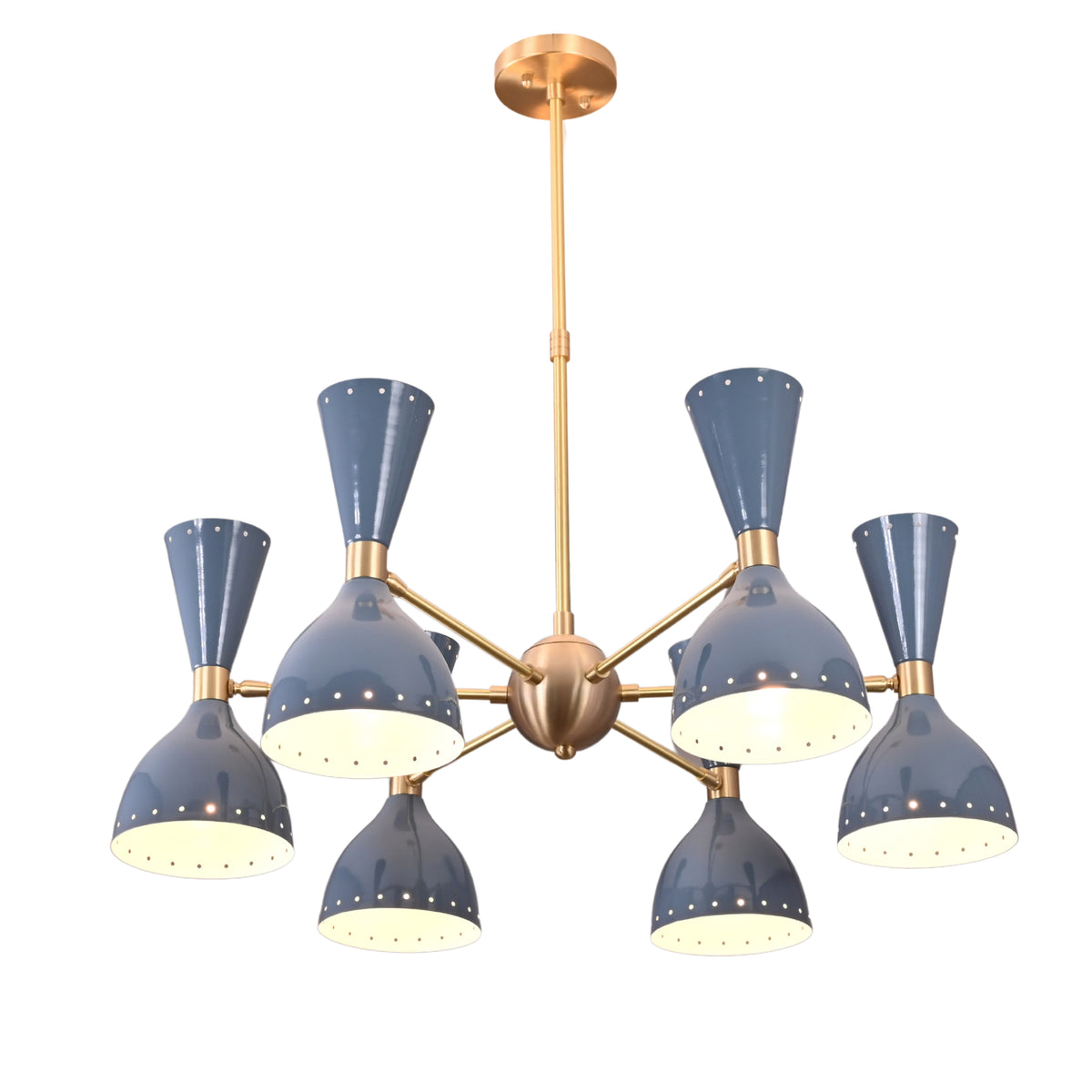 Mid-century modern brass chandelier with six dual-cone shades in a blue glossy finish.