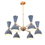 Mid-century modern brass chandelier with six dual-cone shades in a blue glossy finish.