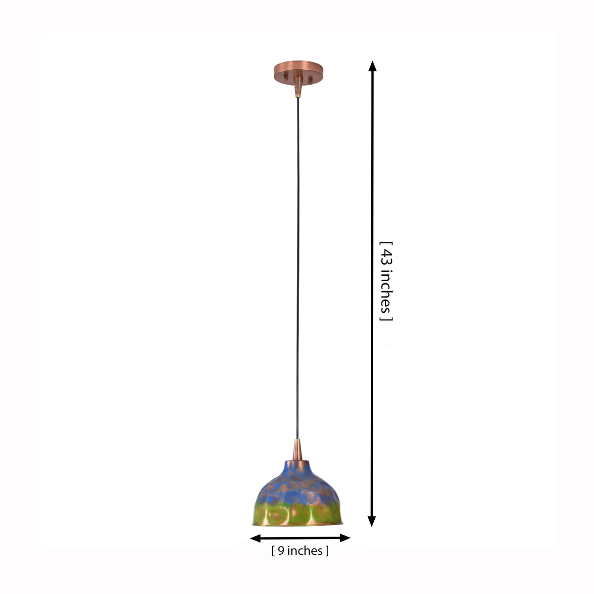 Blue green copper dome pendant lamp with warm downward glow and artistic patina finish for dining spaces