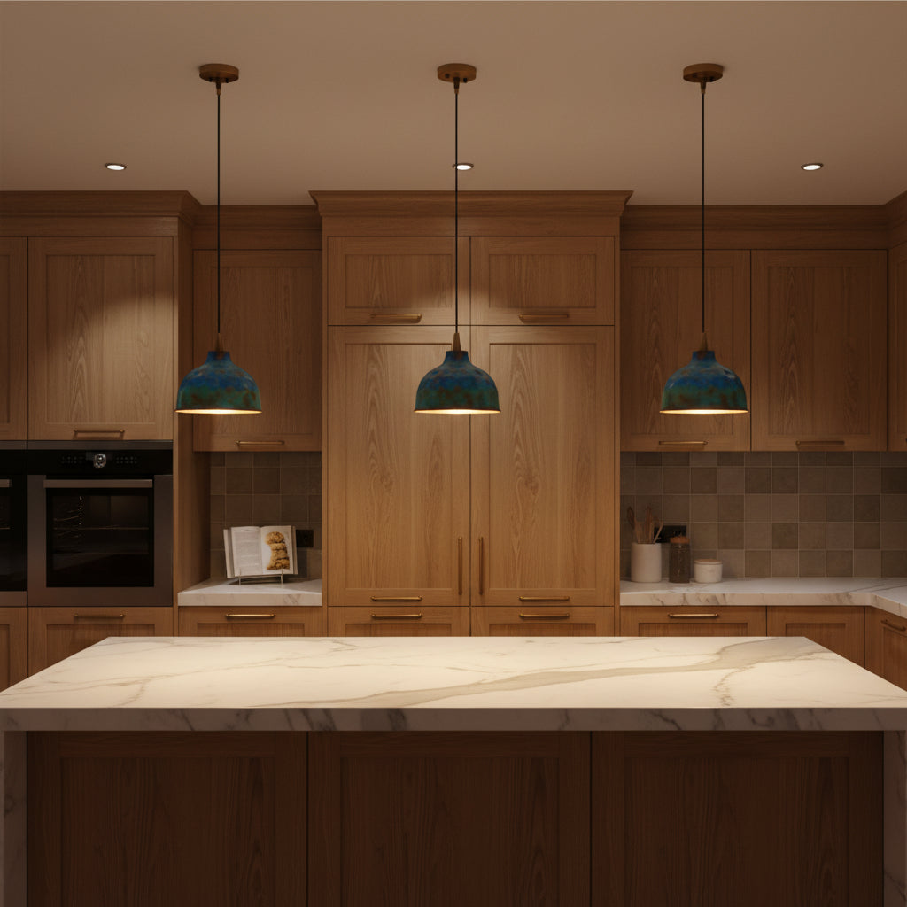 Blue green copper pendant lamp dimension image showing 43 inch overall height and 9 inch shade width