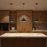 Blue green copper pendant lamp dimension image showing 43 inch overall height and 9 inch shade width