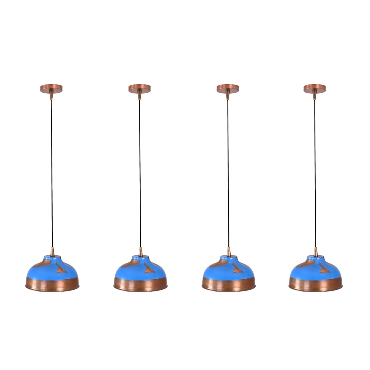 Blue patina copper dome pendant light dimension view showing 47 inch overall height and 12 inch shade width