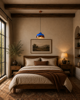 Blue patina copper pendant light used as a statement ceiling fixture in a cozy living room interior