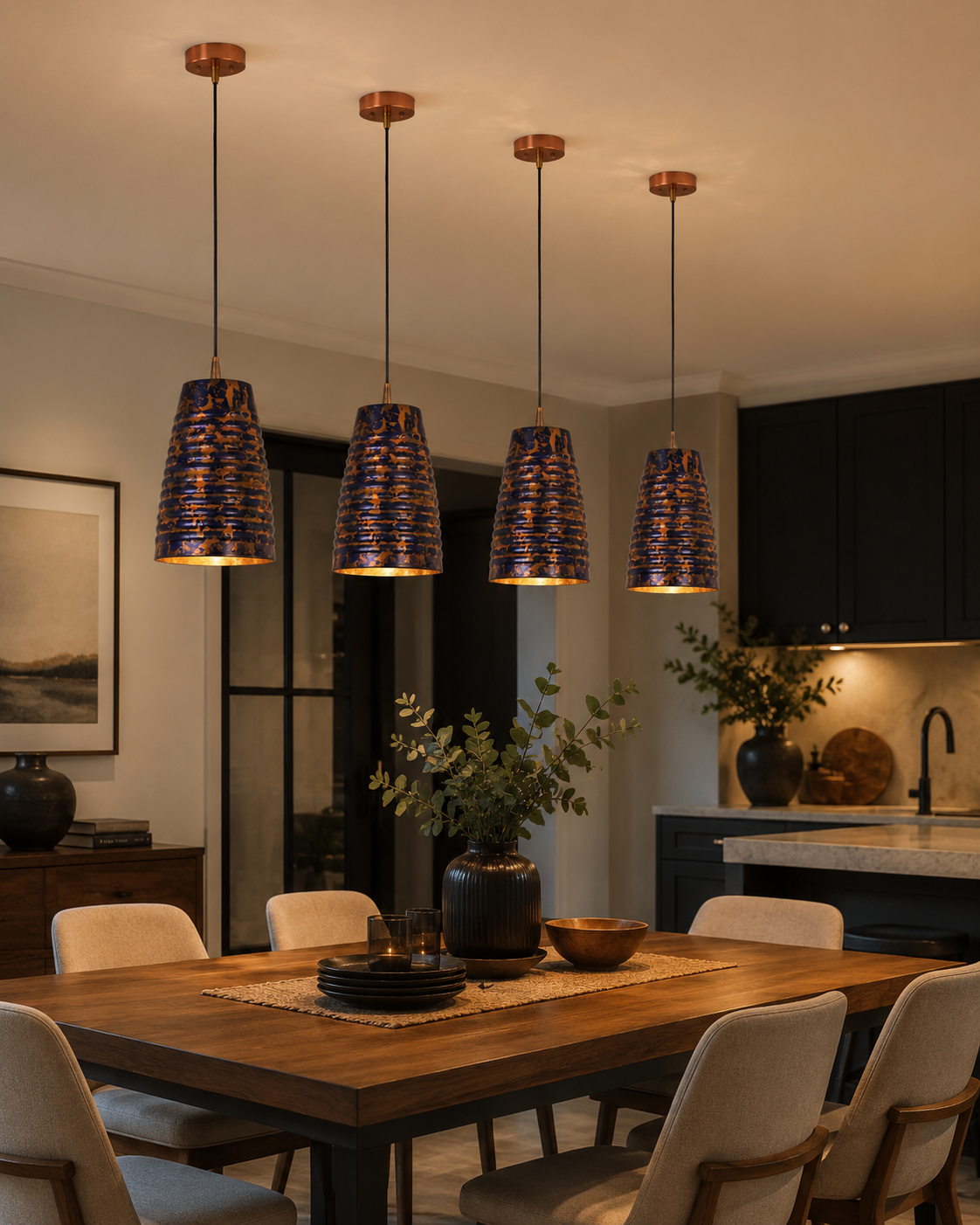 Blue patina ribbed pendant light hanging above a dining table with warm downward glow for cozy home interiors