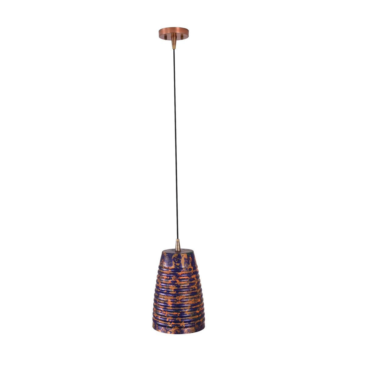 Blue ribbed hanging light displayed on a white background showing the full cord, canopy, and textured shade design
