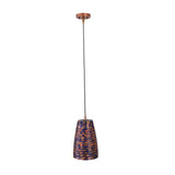 Blue ribbed hanging light displayed on a white background showing the full cord, canopy, and textured shade design