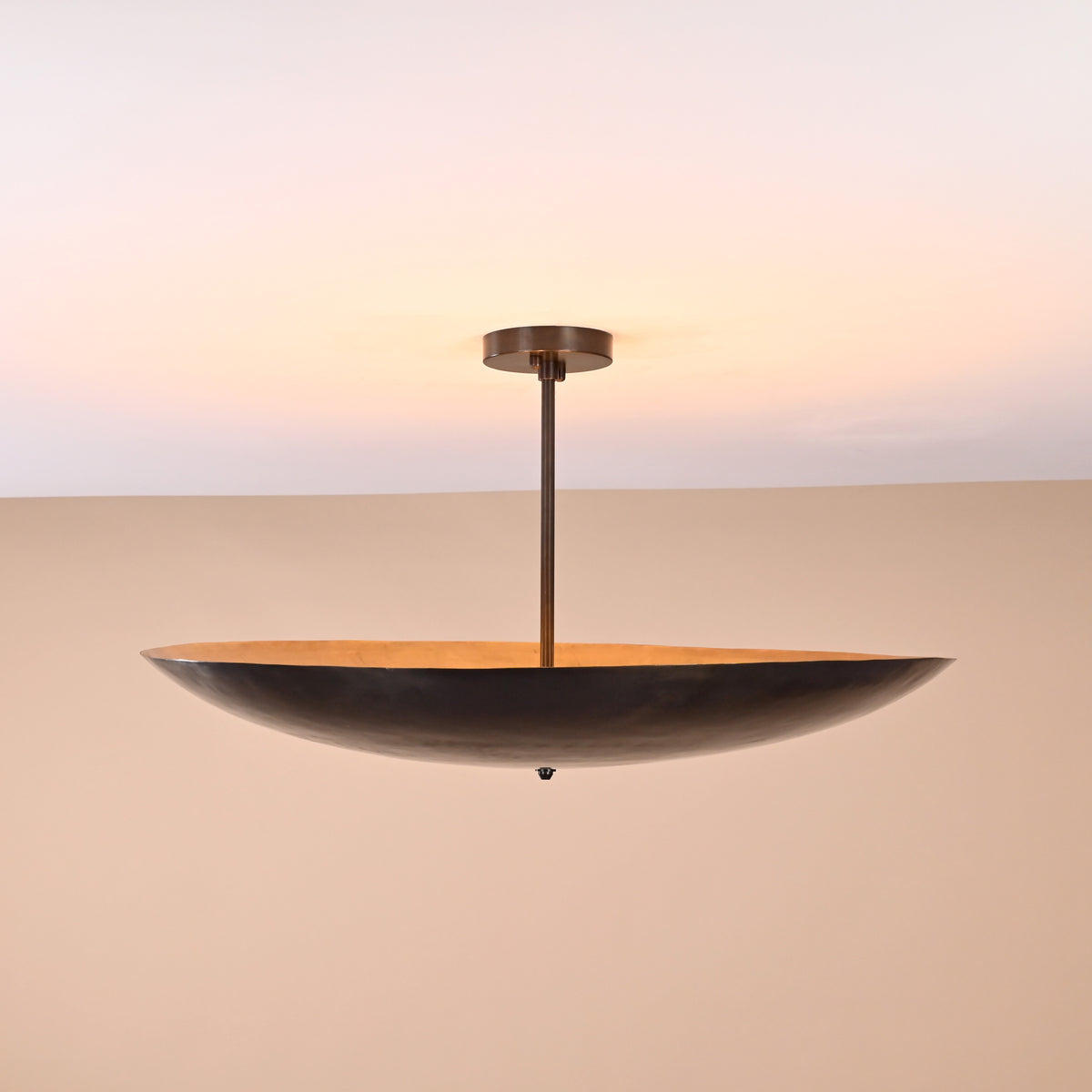 Brass bowl ceiling light with 30-inch width and 15-inch height labeled for reference