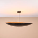 Brass bowl ceiling light with 30-inch width and 15-inch height labeled for reference