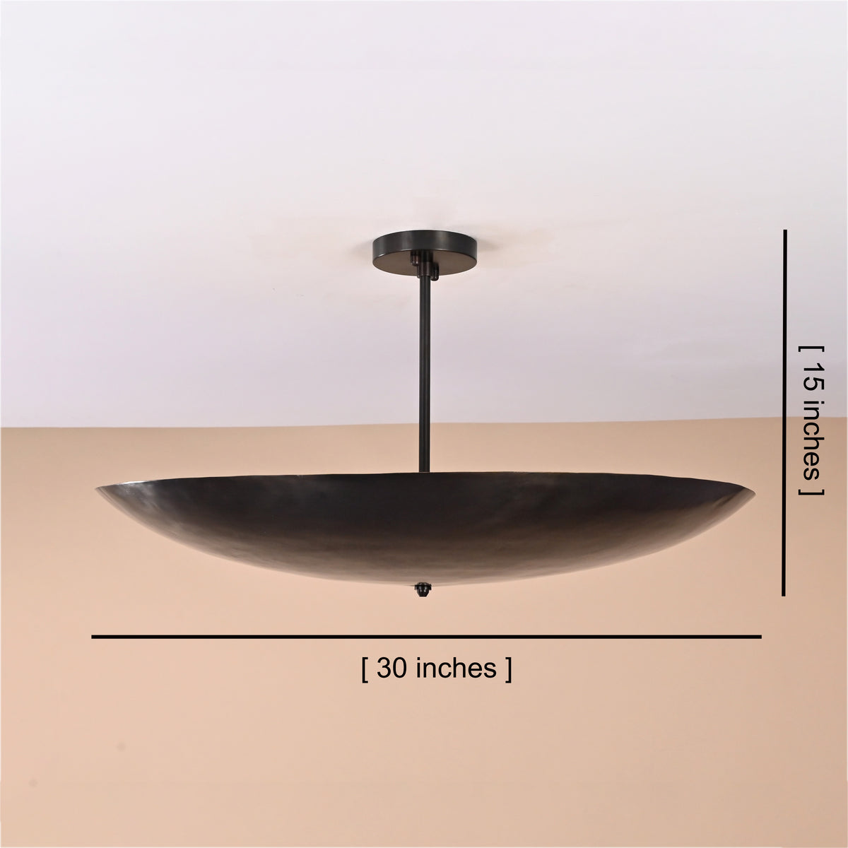 Brass bowl ceiling light with 30-inch width and 15-inch height labeled for reference