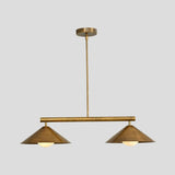 Brass 2-light pendant chandelier with cone-shaped shades, handmade modern lighting fixture for dining rooms and cafes.