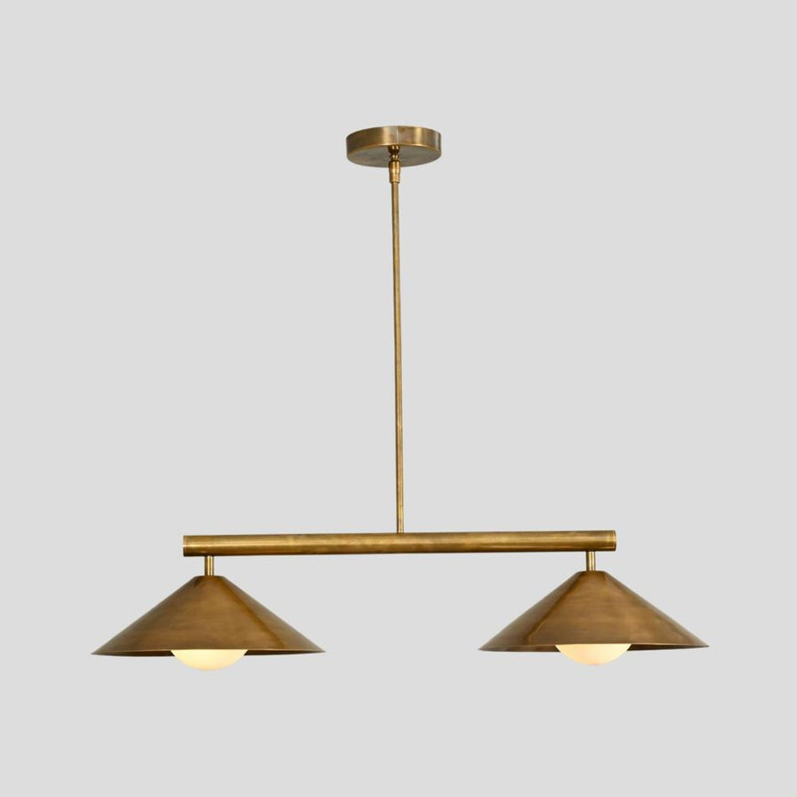 Brass 2-light pendant chandelier with cone-shaped shades, handmade modern lighting fixture for dining rooms and cafes.