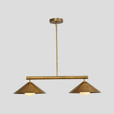 Brass 2-light pendant chandelier with cone-shaped shades, handmade modern lighting fixture for dining rooms and cafes.