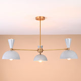 Modern brass 3-light chandelier with white bowl shades, front view, handmade by Brass Leaf Studio.