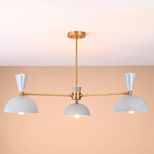 Modern brass 3-light chandelier with white bowl shades, front view, handmade by Brass Leaf Studio.