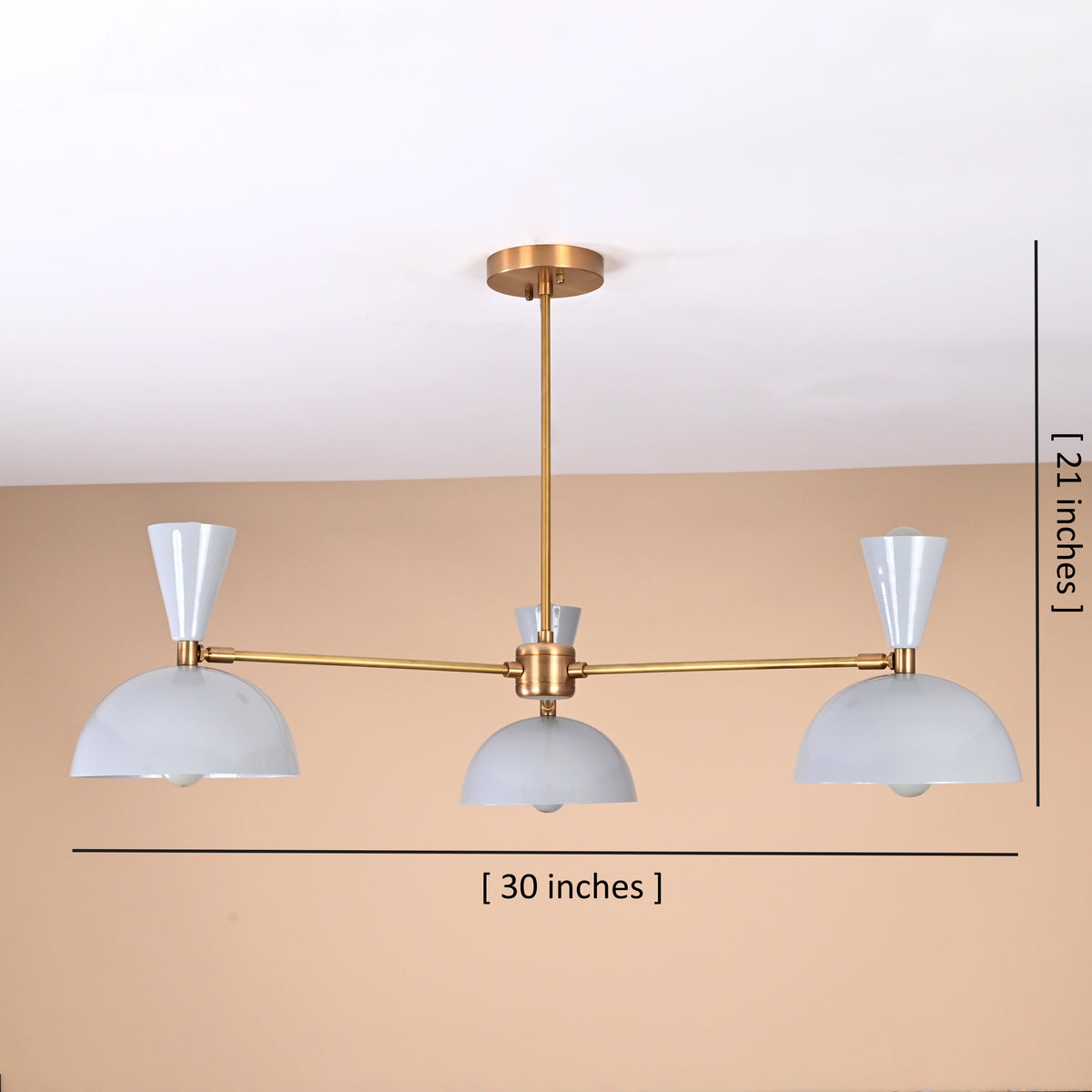 Brass 3-light chandelier with measurement guide showing 30-inch width and 21-inch height.