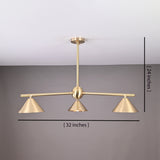 Handcrafted brushed brass 3-light cone chandelier with minimalist arms and sculpted shades, size 32 inches wide and 24 inches high.