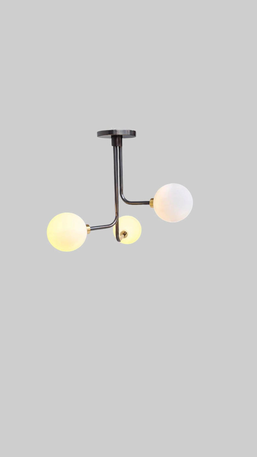 Handmade brass 3-light flushmount chandelier with globe shades – front view