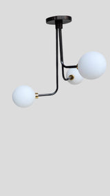 Contemporary brass flushmount chandelier with three globe lights – upward perspective