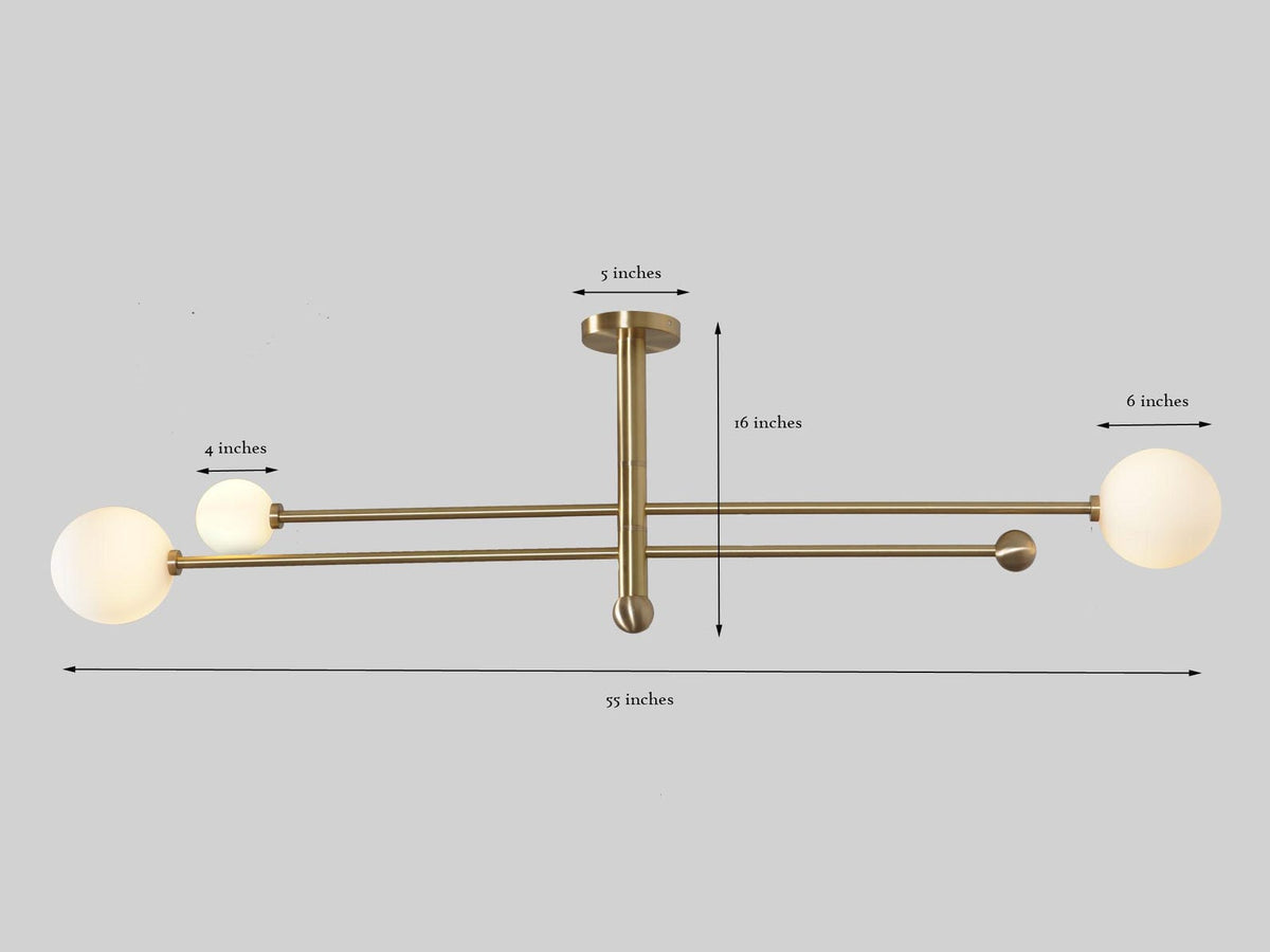 Dimension diagram of 3-light brushed brass chandelier showing 55-inch width and 16-inch height.
