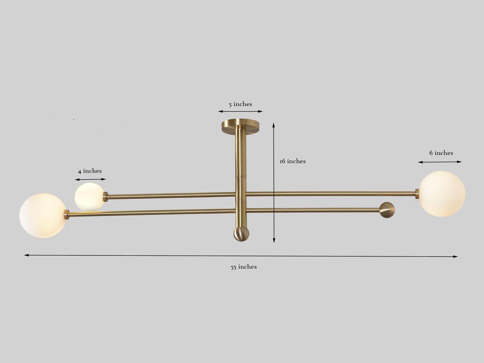 Size guide for Modern 3-Light Brass Globe Ceiling Light | Minimalist Flushmount Chandelier by Brass Leaf Studio | Customizable Brushed Brass Lighting Fixture 62618