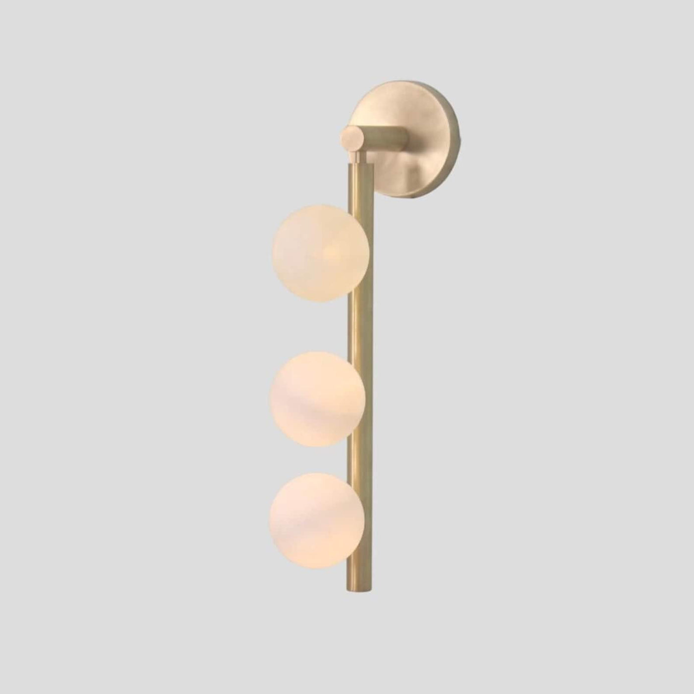 Handmade brass wall sconce with three frosted glass globe shades, modern vertical light fixture front view
