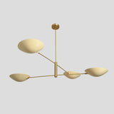 Handmade brass chandelier featuring four bowl-shaped shades, modern ceiling light for dining or living spaces – angled perspective.