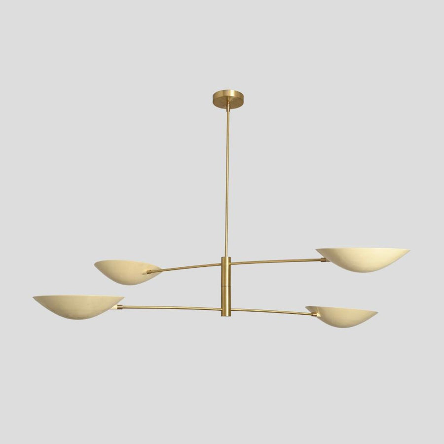 Modern brass 4-light chandelier with bowl-shaped shades, handmade ceiling light fixture by Brass Leaf Studio – front view.