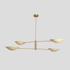 Modern brass 4-light chandelier with bowl-shaped shades, handmade ceiling light fixture by Brass Leaf Studio – front view.