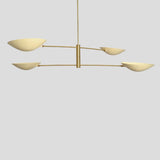 Minimalist brass 4-light chandelier with wide horizontal arms and bowl shades, handcrafted by Brass Leaf Studio.