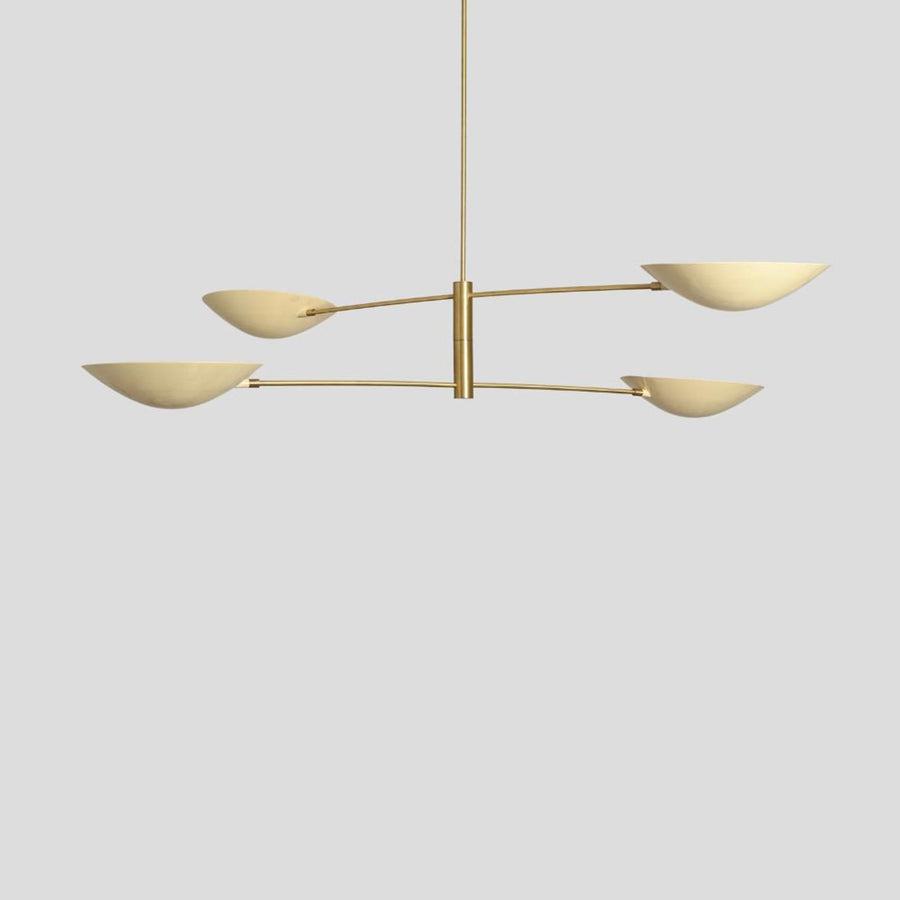Modern brass 4-light chandelier with bowl-shaped shades, handmade ceiling light fixture by Brass Leaf Studio – front view.